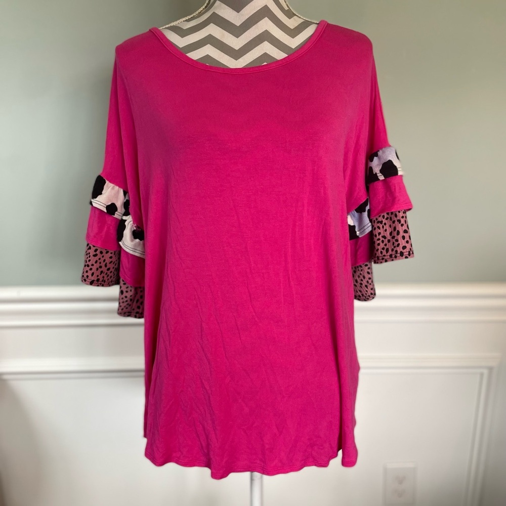 CELESTE Fuchsia Ruffle Sleeve Top Size XL